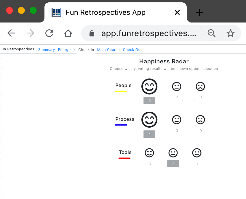 Online happiness radar on FunRetrospective board